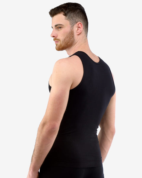 sort sømløs bambus tank top, fremstillet af bæredygtigt og åndbart bambusviskose. Tank top er hypoallergenisk, temperaturregulerende og ideel til en aktiv livsstil