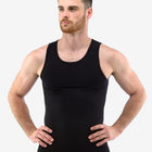 sort sømløs bambus tank top, fremstillet af bæredygtigt og åndbart bambusviskose. Tank top er hypoallergenisk, temperaturregulerende og ideel til en aktiv livsstil
